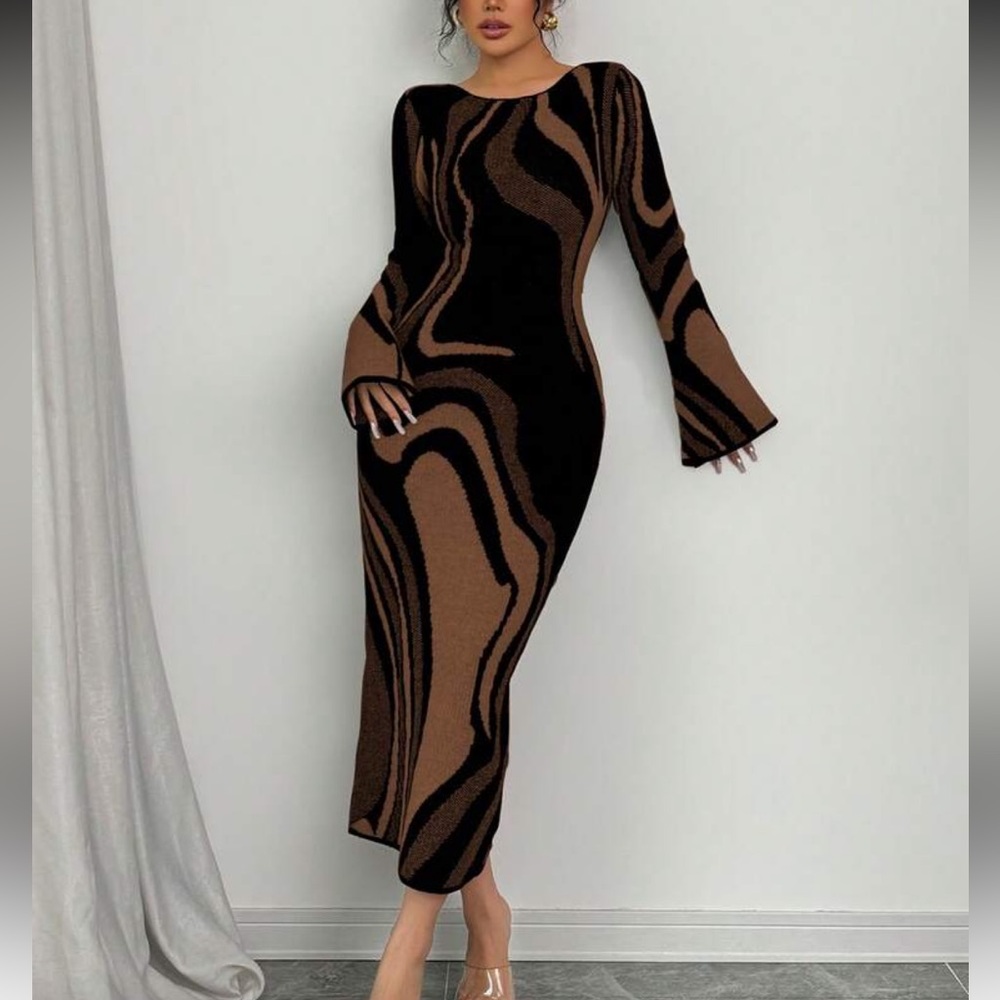 Luxe Elegant Black Brown Swirl Pattern Long Flare Sleeve Sweater Dress